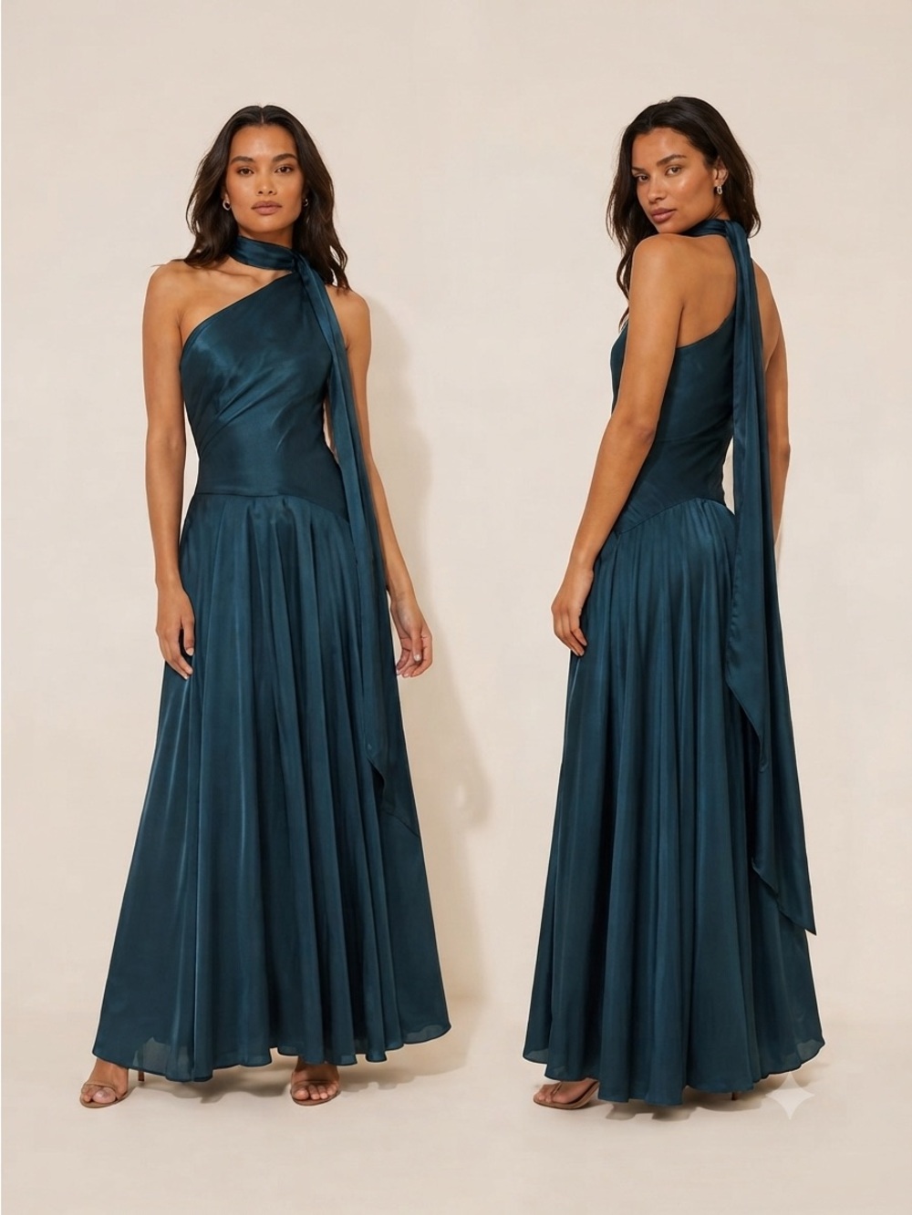 BHLDN One-Shoulder Scarf-Neck Asymmetric Formal Maxi Dress Teal Green Sz M - Picture 2 of 16